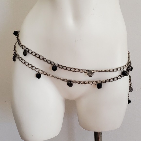 Lovestrength Accessories - Lovestrengh Double Chain Belt Silver Tone Black Faceted Bead Coin Charms Boho